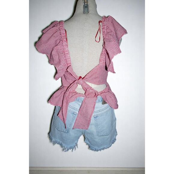 Cottagecore Gingham Peplum Blouse XL – Red White Ruffle Puff Sleeve Back Tie - Picture 4 of 7